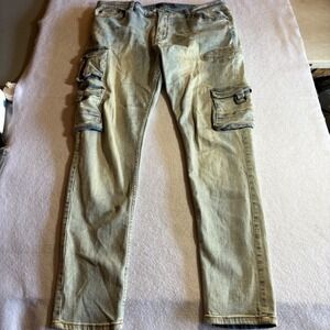 Serenade Men's Cargo Jeans‎ Size 38 Light Wash Distressed Denim Pants